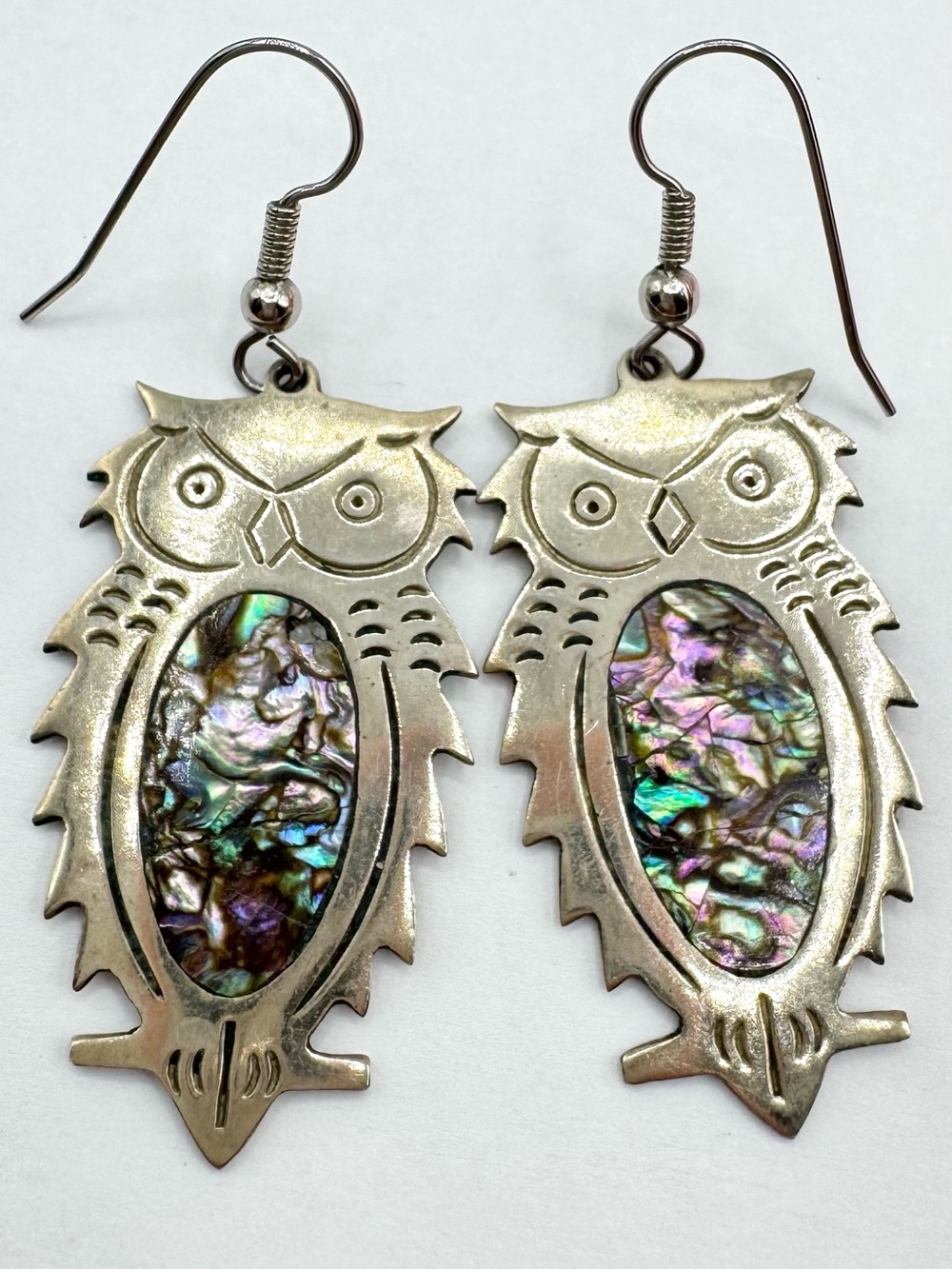 Vintage Owl Alpaca Mexico Abalone Inlay Dangle Earrings Signed Pierced